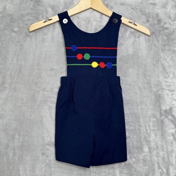 Eiseman Boys Shortall Romper Youth Size T4 Navy Blue Wool Blend Applique USA Vtg - Picture 1 of 6